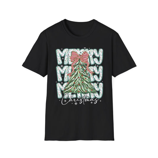 Christmas Tree Tee — “Merry” Plaid Bow Holiday T-Shirt