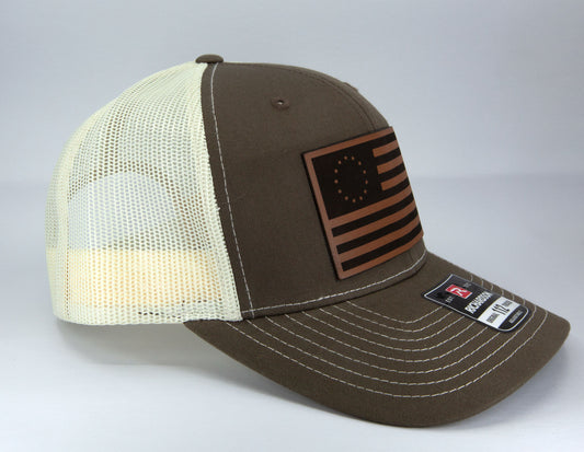 Betsy Ross Flag Leather Patch Trucker Cap
