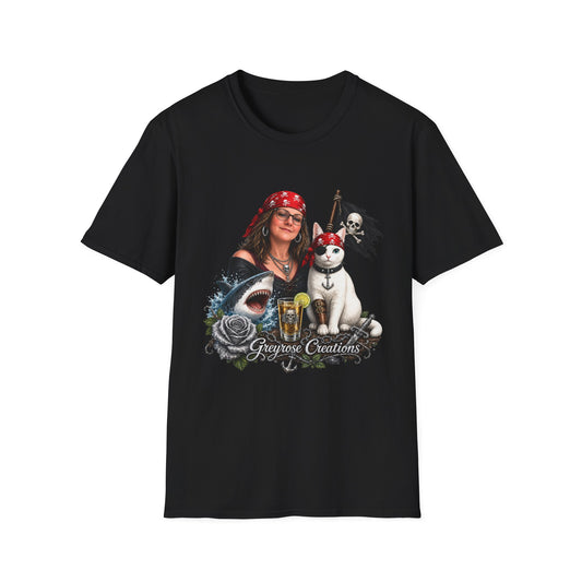 Pirate Cat & Crew Graphic T-Shirt — "Greyrose Creations" Design