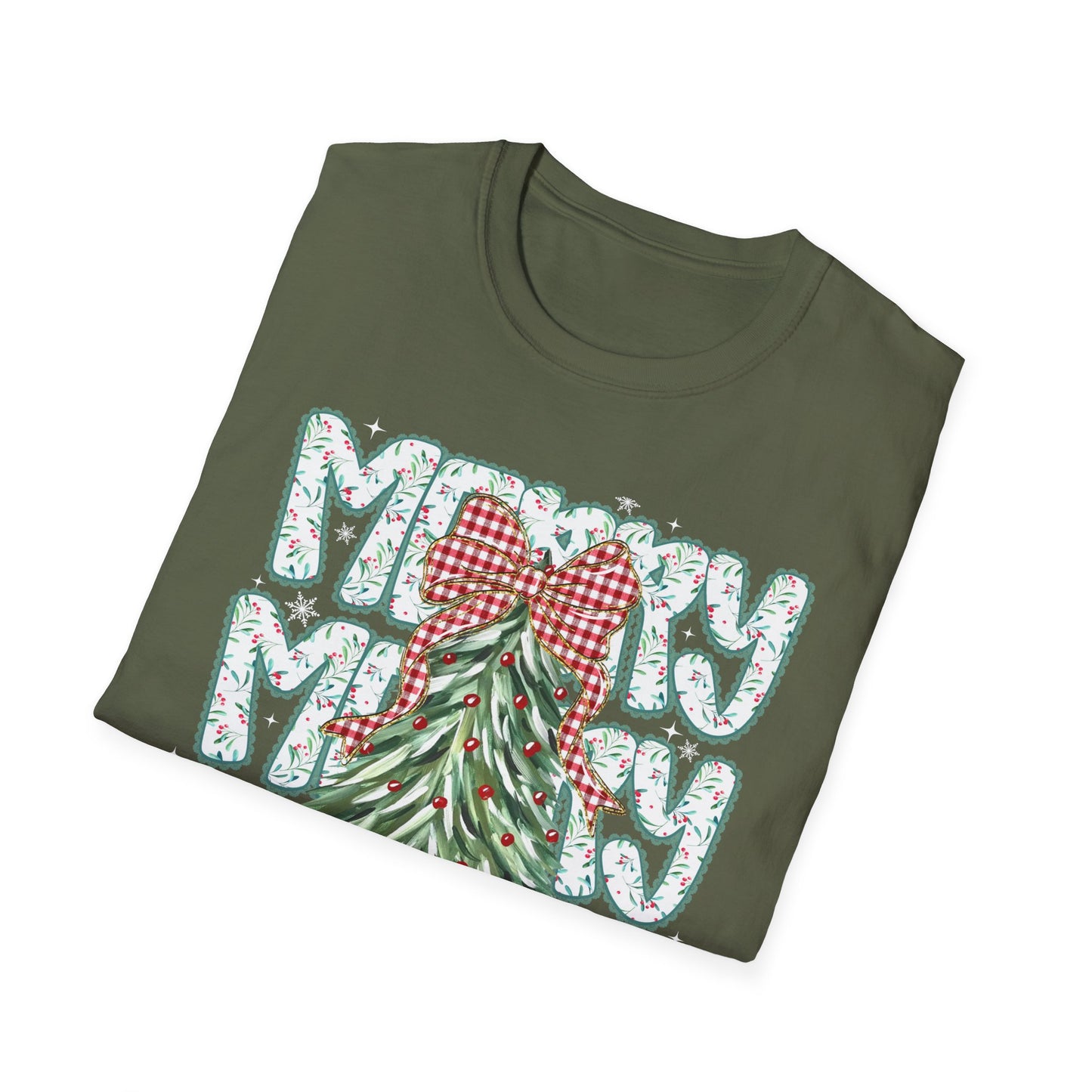 Christmas Tree Tee — “Merry” Plaid Bow Holiday T-Shirt