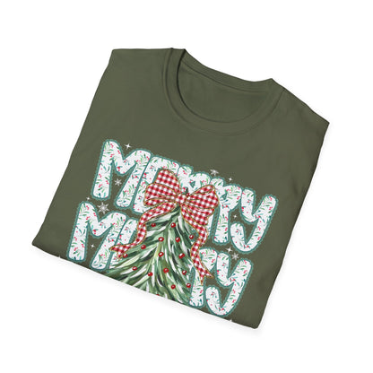 Christmas Tree Tee — “Merry” Plaid Bow Holiday T-Shirt