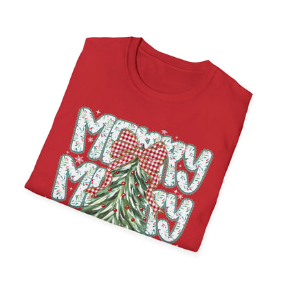 Christmas Tree Tee — “Merry” Plaid Bow Holiday T-Shirt