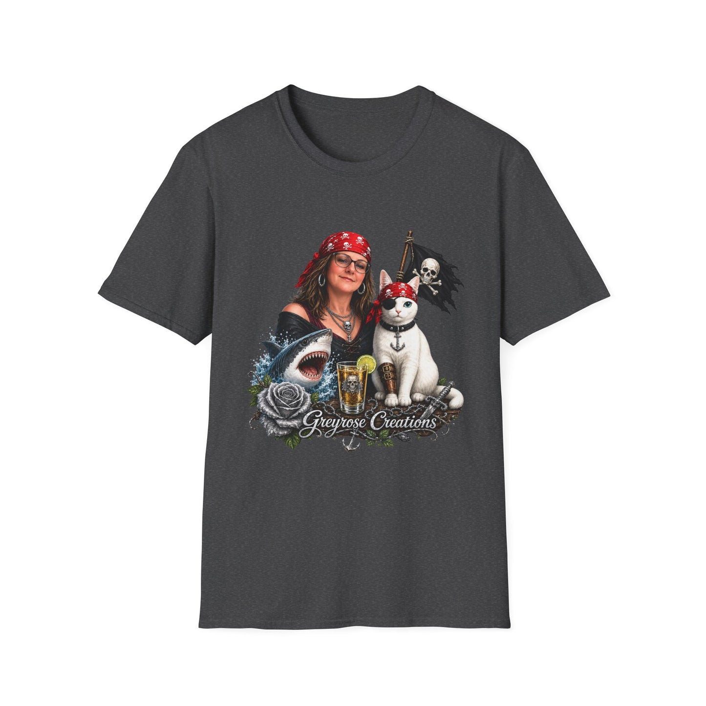 Pirate Cat & Crew Graphic T-Shirt — "Greyrose Creations" Design