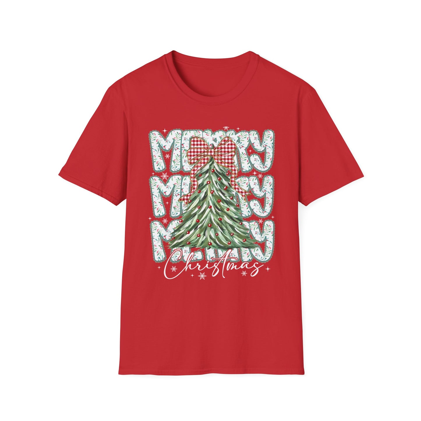 Christmas Tree Tee — “Merry” Plaid Bow Holiday T-Shirt