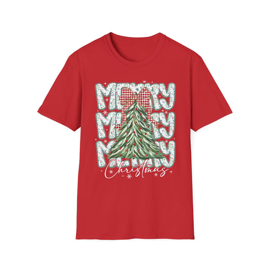 Christmas Tree Tee — “Merry” Plaid Bow Holiday T-Shirt