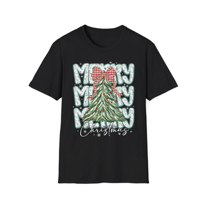 Christmas Tree Tee — “Merry” Plaid Bow Holiday T-Shirt