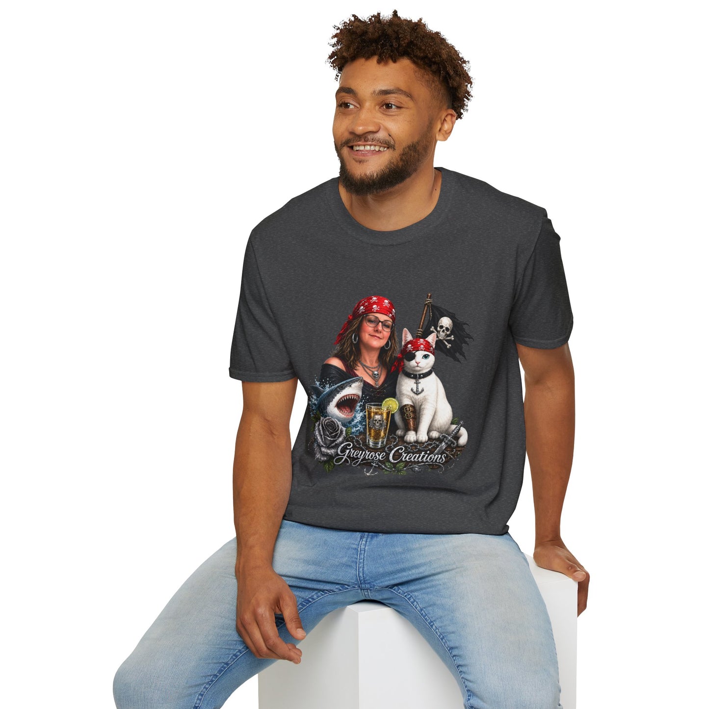 Pirate Cat & Crew Graphic T-Shirt — "Greyrose Creations" Design