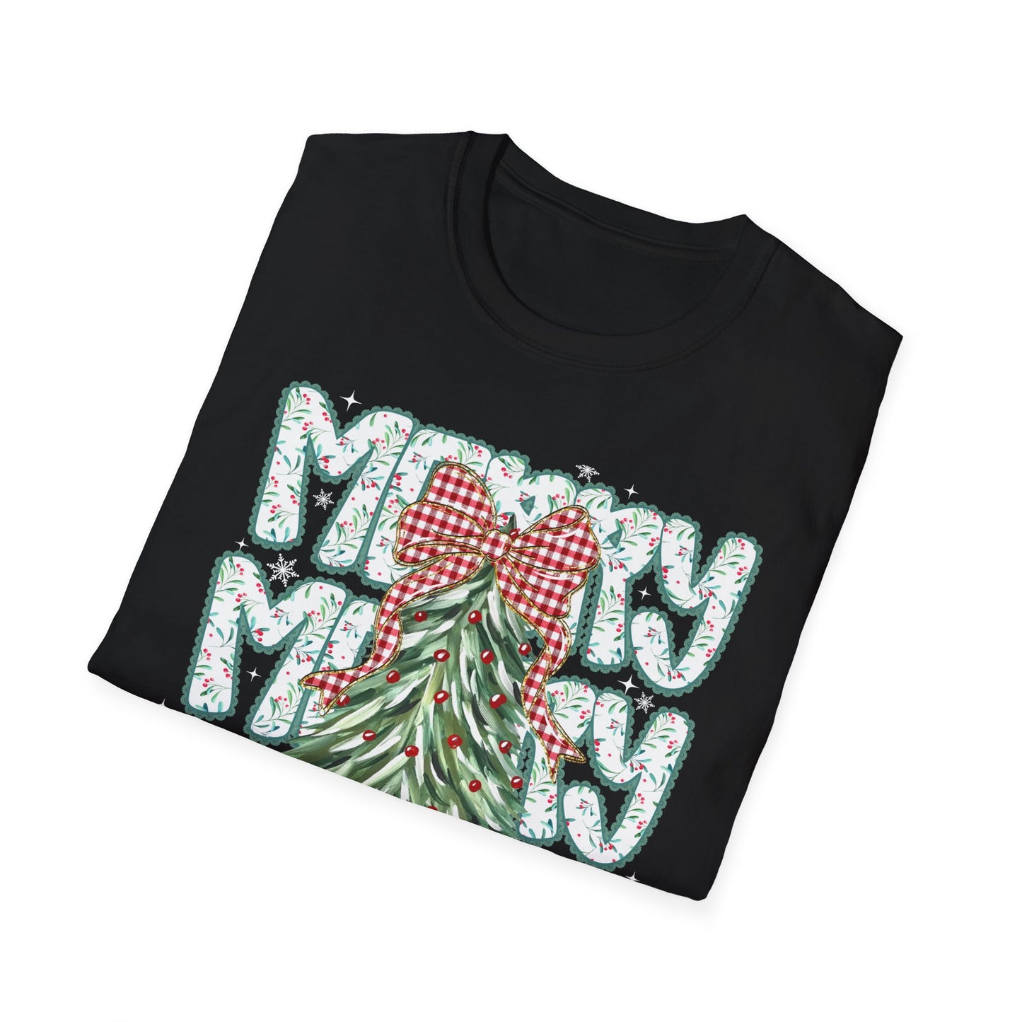 Christmas Tree Tee — “Merry” Plaid Bow Holiday T-Shirt