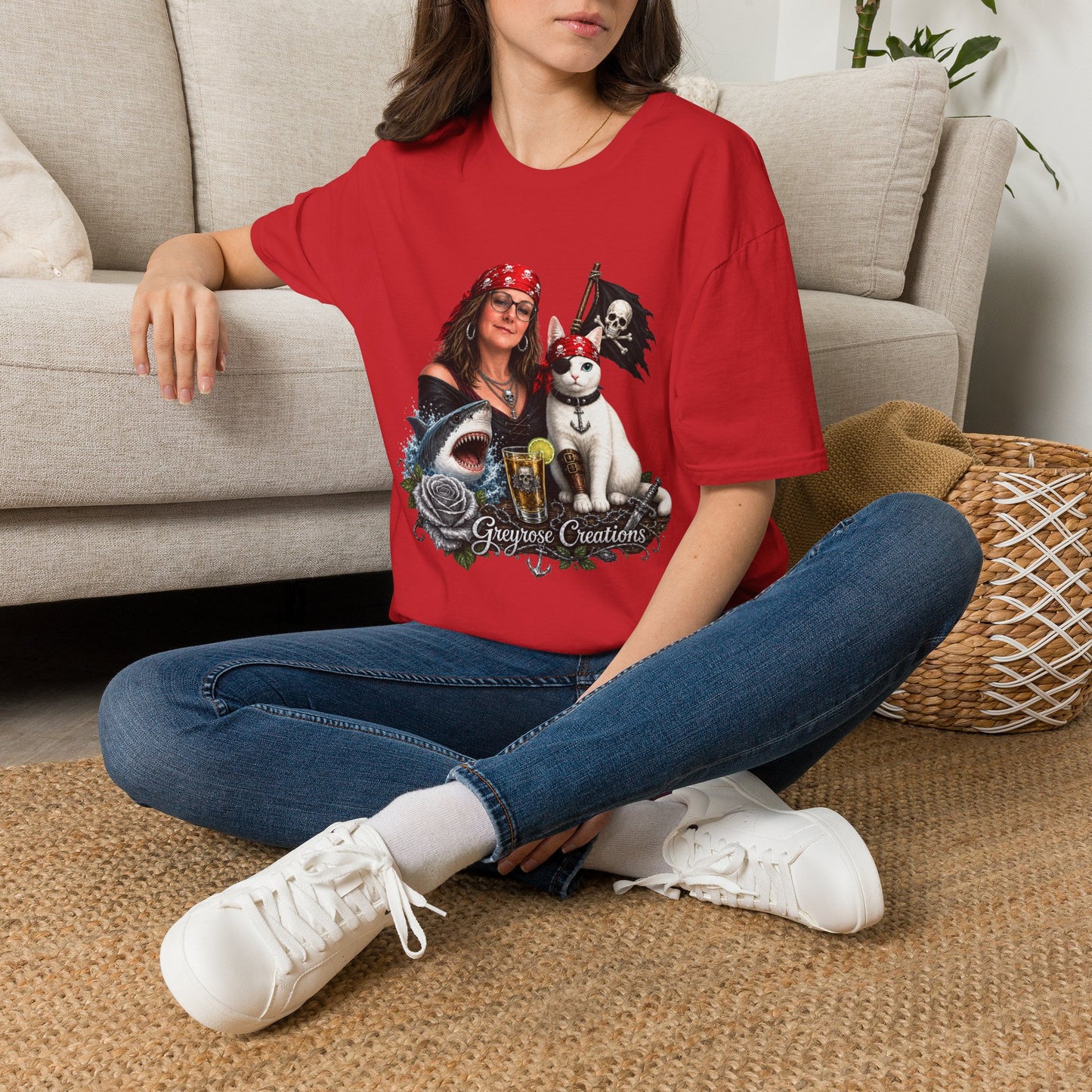 Pirate Cat & Crew Graphic T-Shirt — "Greyrose Creations" Design
