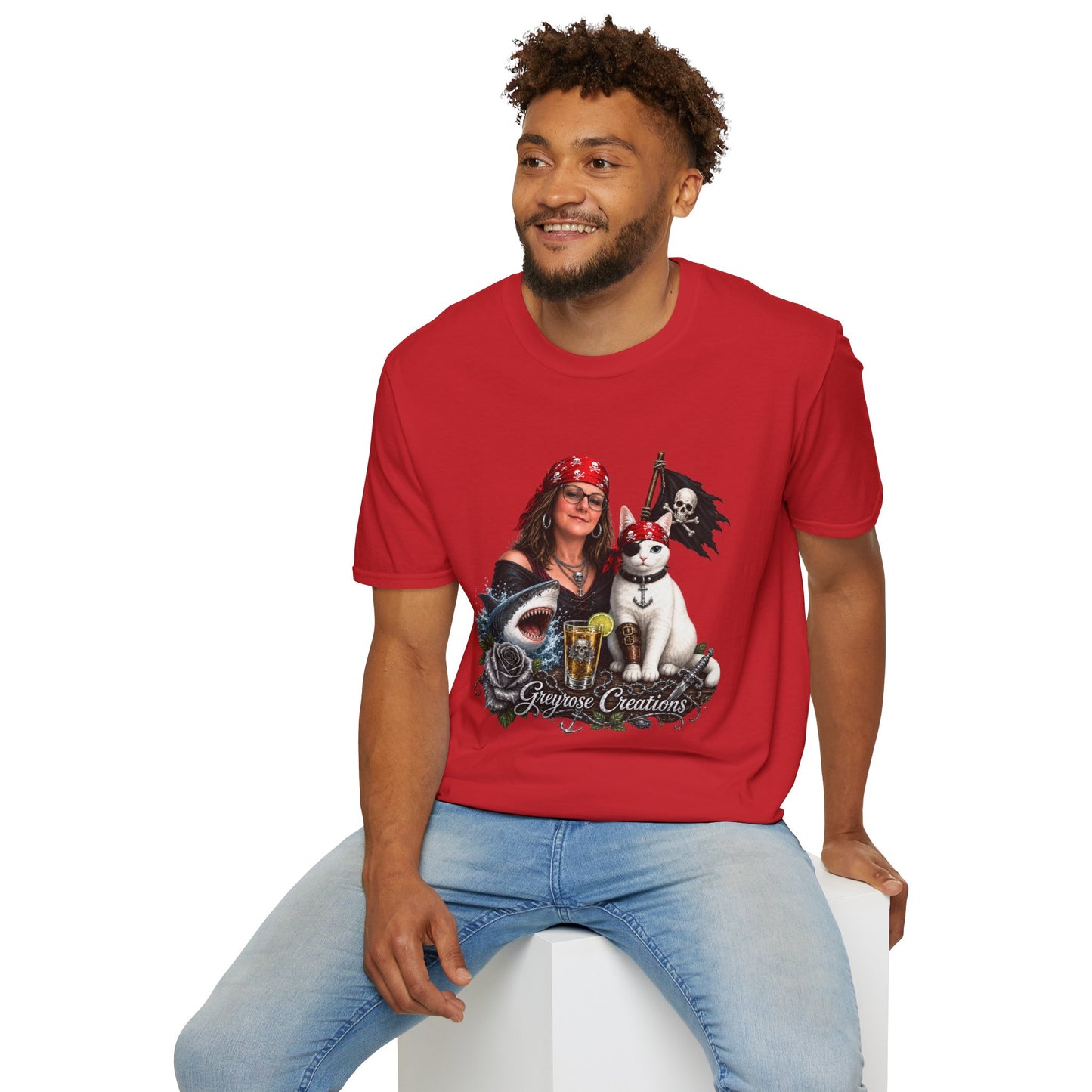 Pirate Cat & Crew Graphic T-Shirt — "Greyrose Creations" Design