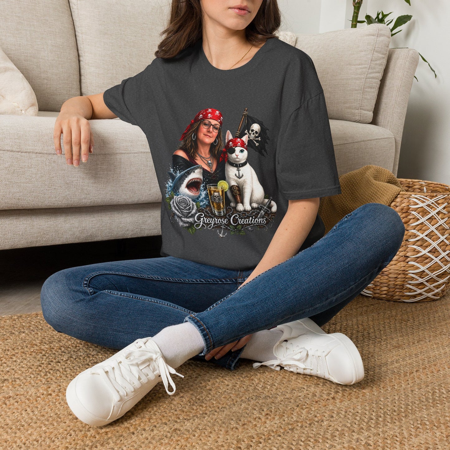 Pirate Cat & Crew Graphic T-Shirt — "Greyrose Creations" Design