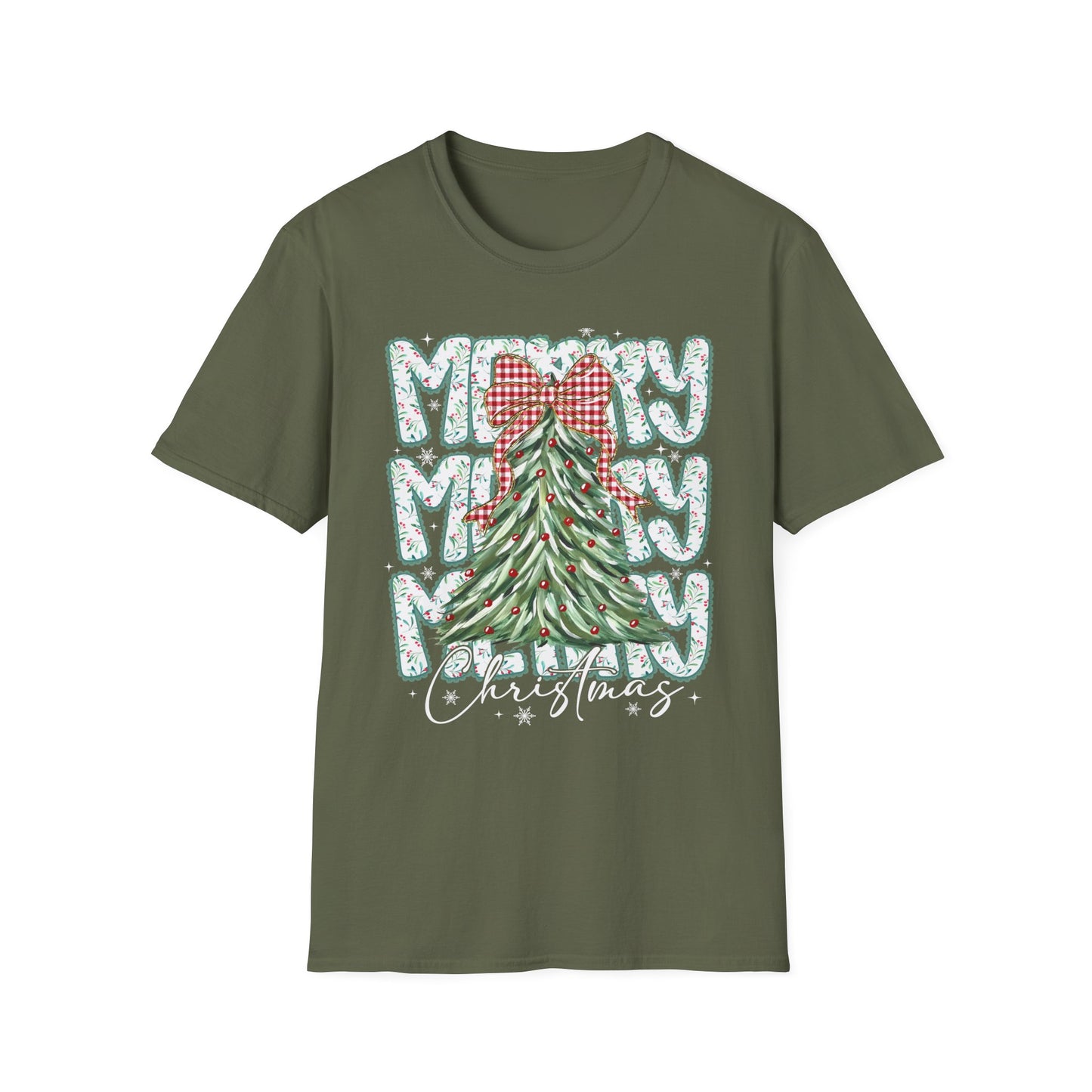 Christmas Tree Tee — “Merry” Plaid Bow Holiday T-Shirt