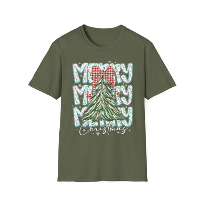 Christmas Tree Tee — “Merry” Plaid Bow Holiday T-Shirt