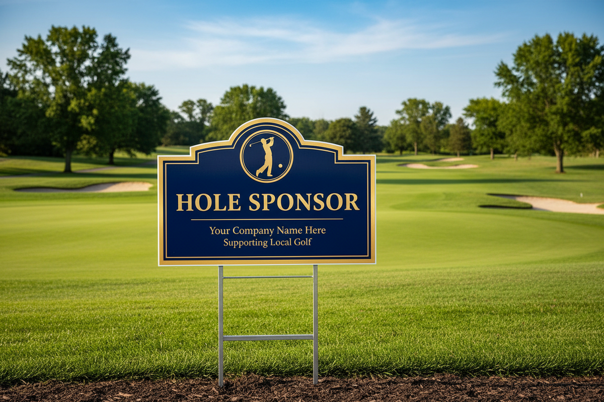 Custom golf tournament hole sponsor sign with business logo